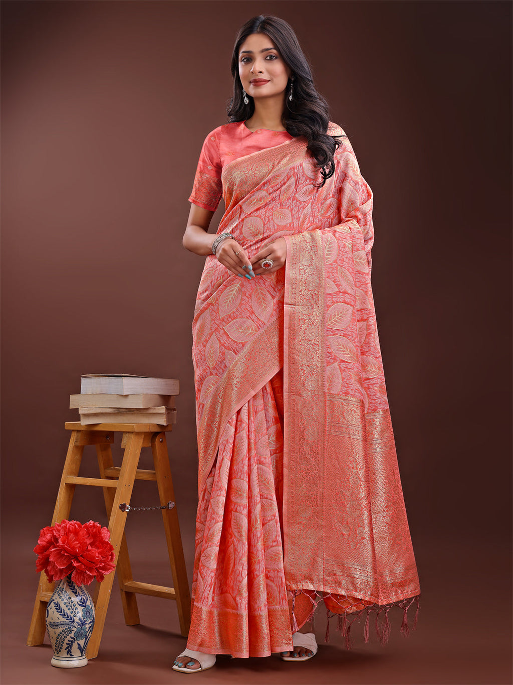 Peach Pink linen cotton saree with golden zari leaf pattern and ornate pallu