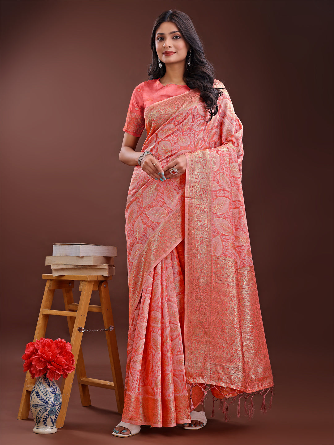 Peach Pink linen cotton saree with golden zari leaf pattern and ornate pallu