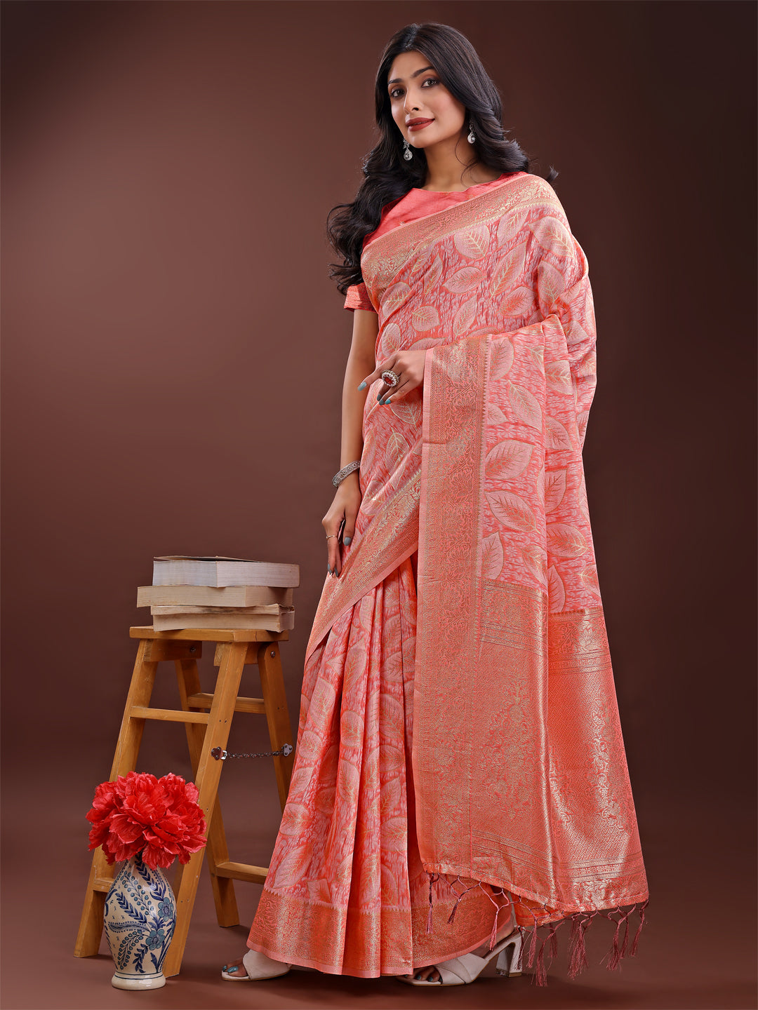 Peach Pink Linen Cotton Saree with Golden Zari Leaf Design