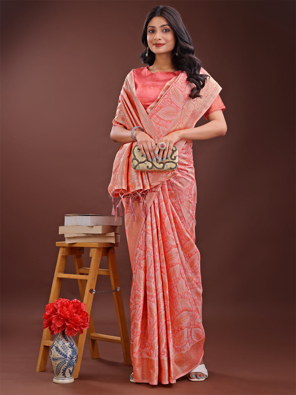 Peach Pink Linen Cotton Saree with Golden Zari Leaf Design