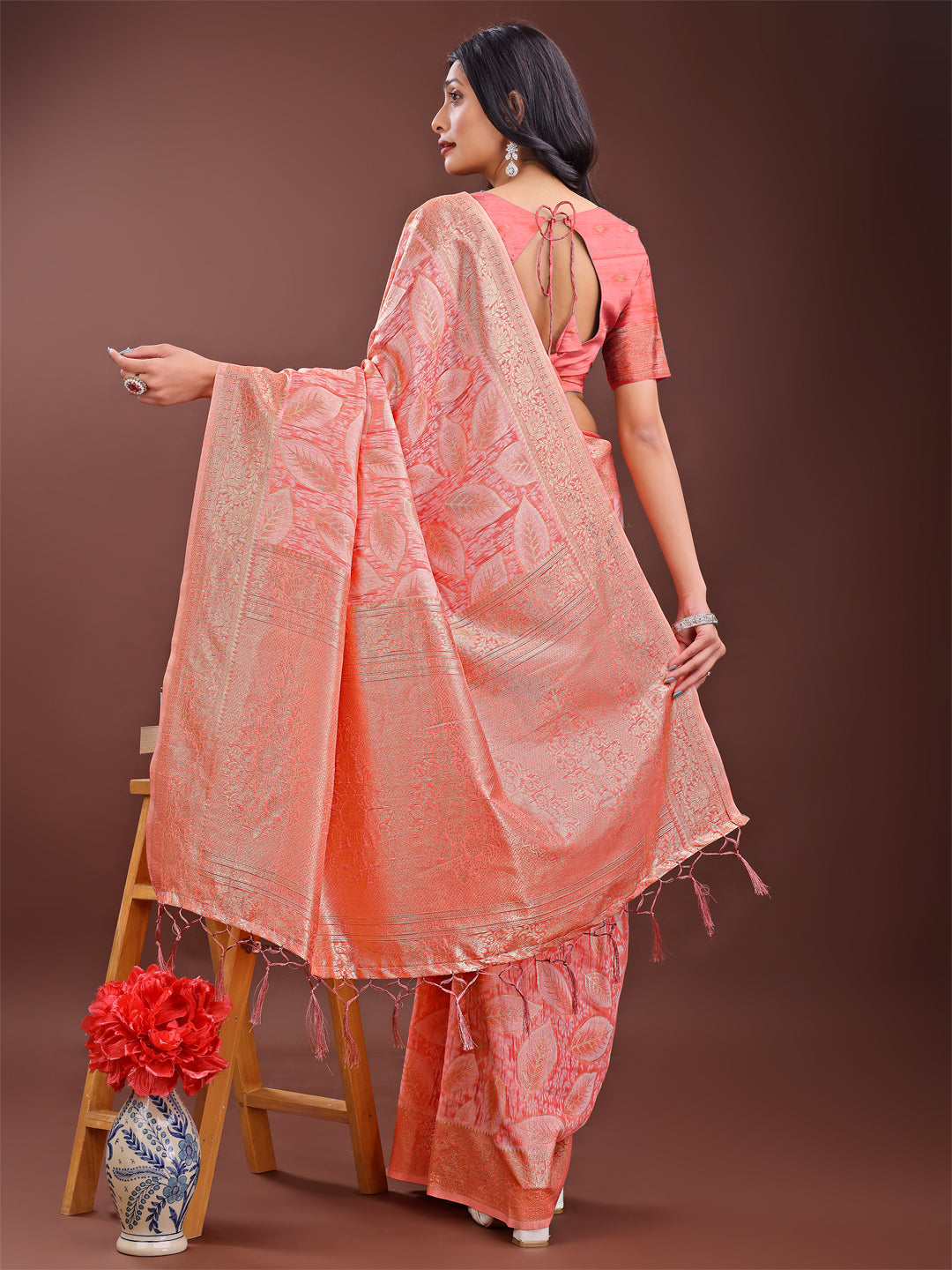 Peach Pink Linen Cotton Saree with Golden Zari Leaf Design