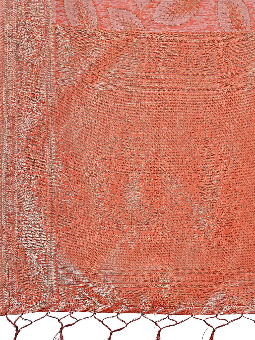 Peach Pink Linen Cotton Saree with Golden Zari Leaf Design