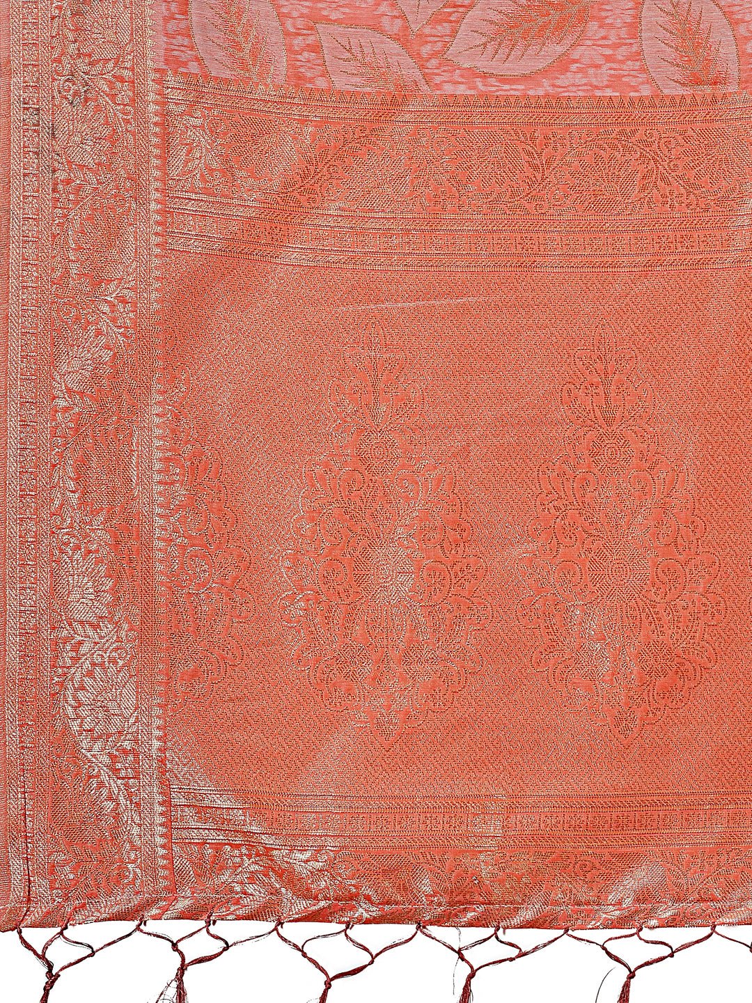Peach Pink Linen Cotton Saree with Golden Zari Leaf Design
