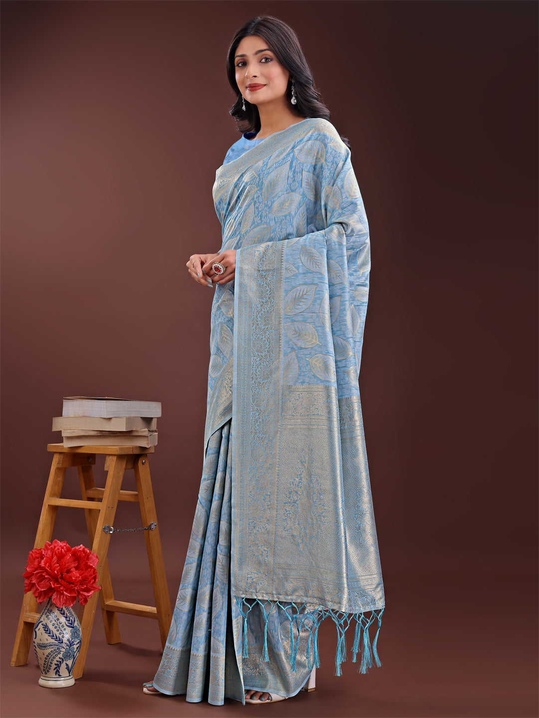 Sky Blue Linen Cotton Saree with Golden Zari Leaves