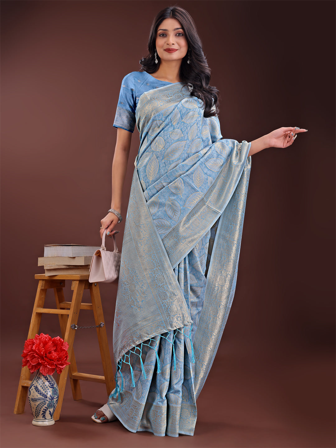 Sky Blue Linen Cotton Saree with Golden Zari Leaves