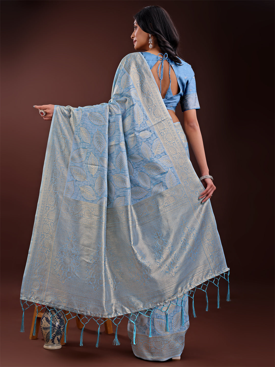Sky Blue Linen Cotton Saree with Golden Zari Leaves