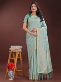 Sea green linen cotton saree with golden zari leaf design and elegant pallu