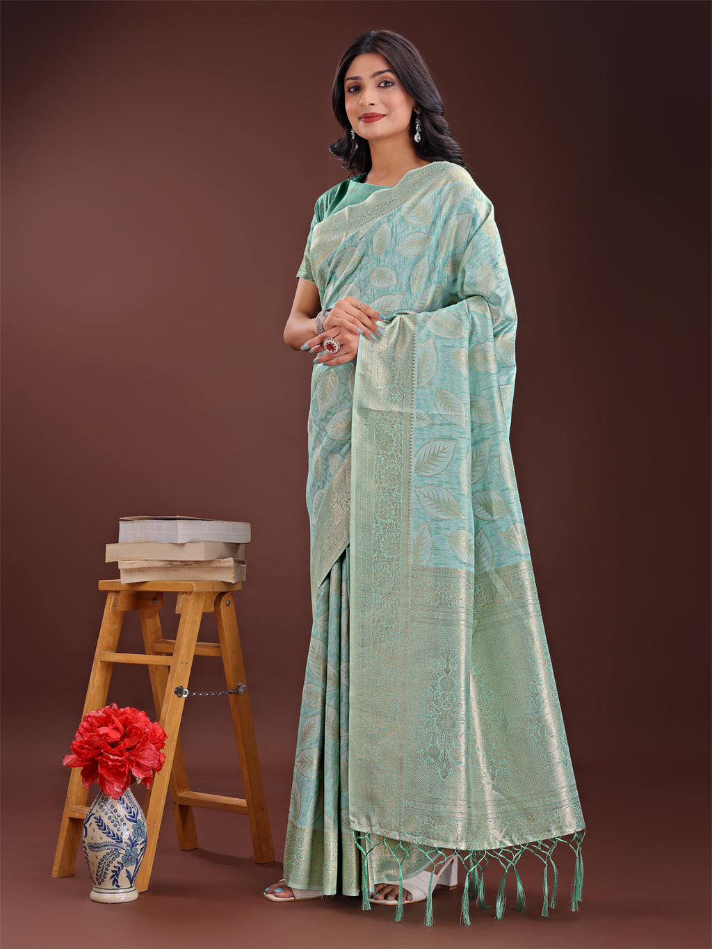 Sea Green Linen Cotton Saree with Golden Zari Leaf Motifs
