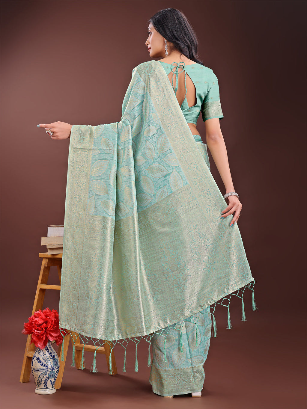 Sea Green Linen Cotton Saree with Golden Zari Leaf Motifs