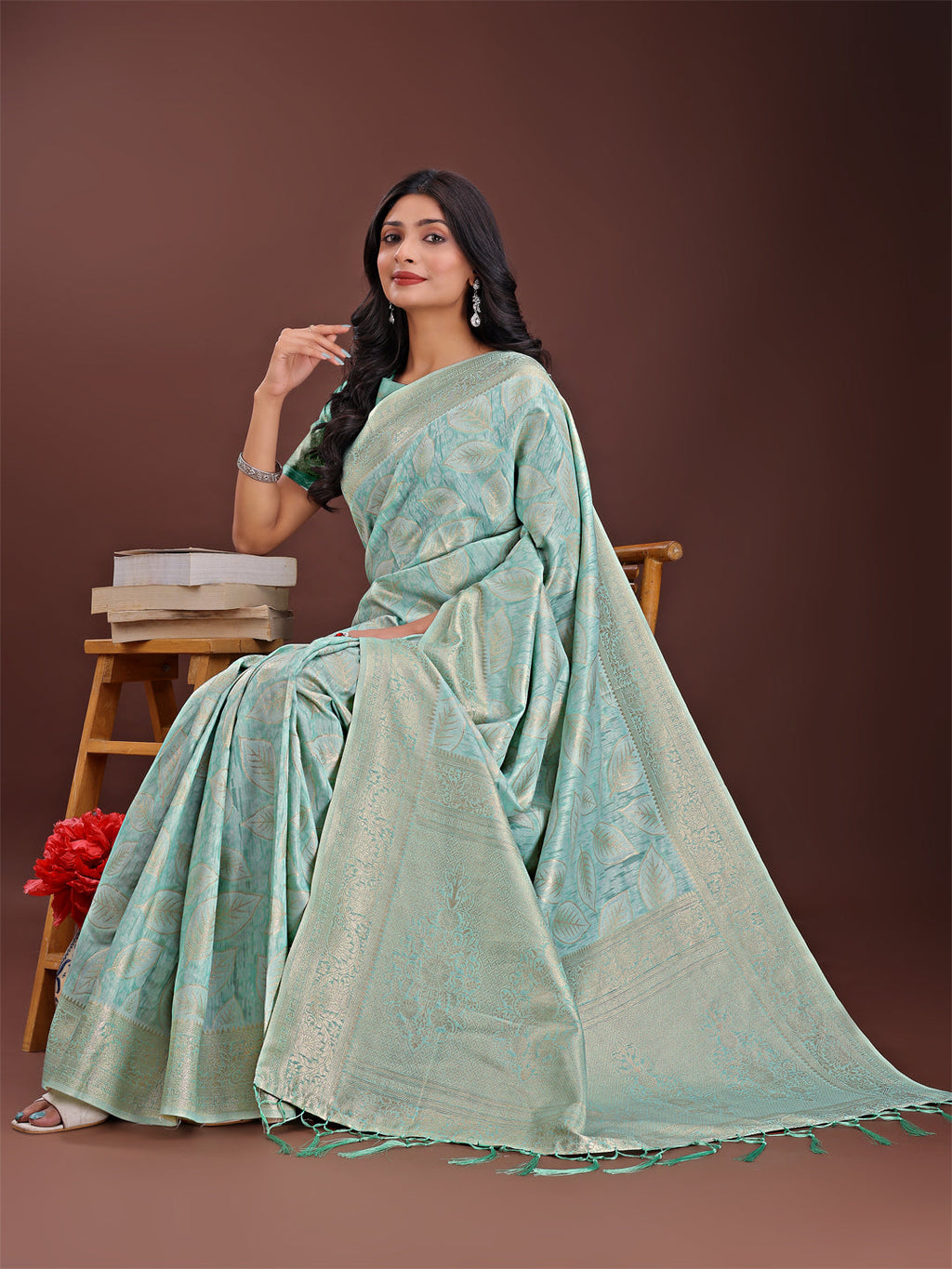 Sea Green Linen Cotton Saree with Golden Zari Leaf Motifs