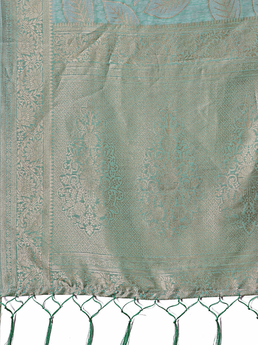 Sea Green Linen Cotton Saree with Golden Zari Leaf Motifs