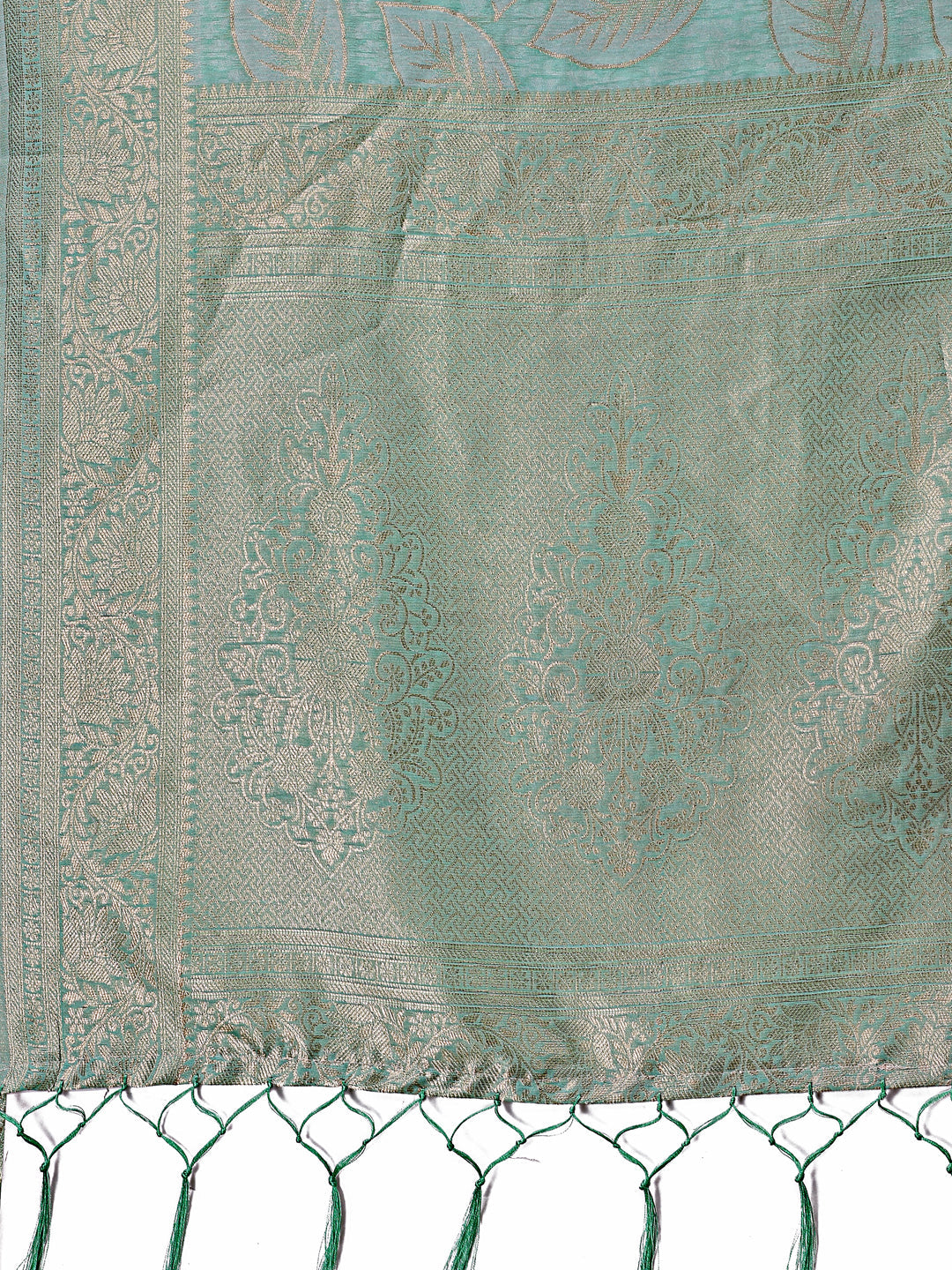 Sea Green Linen Cotton Saree with Golden Zari Leaf Motifs
