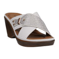 A pair of women's Ash white wedge sandals featuring rhinestone embellishments on the upper strap and a wood-grain patterned wedge heel.
