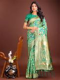 Shree Shyam Fashion Majestic Green Silk Saree with Gold Zari & Floral Design - Perfect for Festive & Traditional Occasions