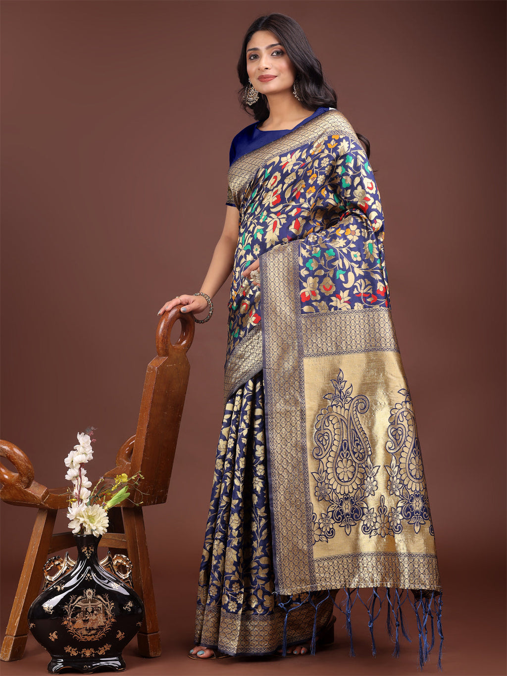 Majestic Navy Blue Silk Saree with Gold Zari Floral Work