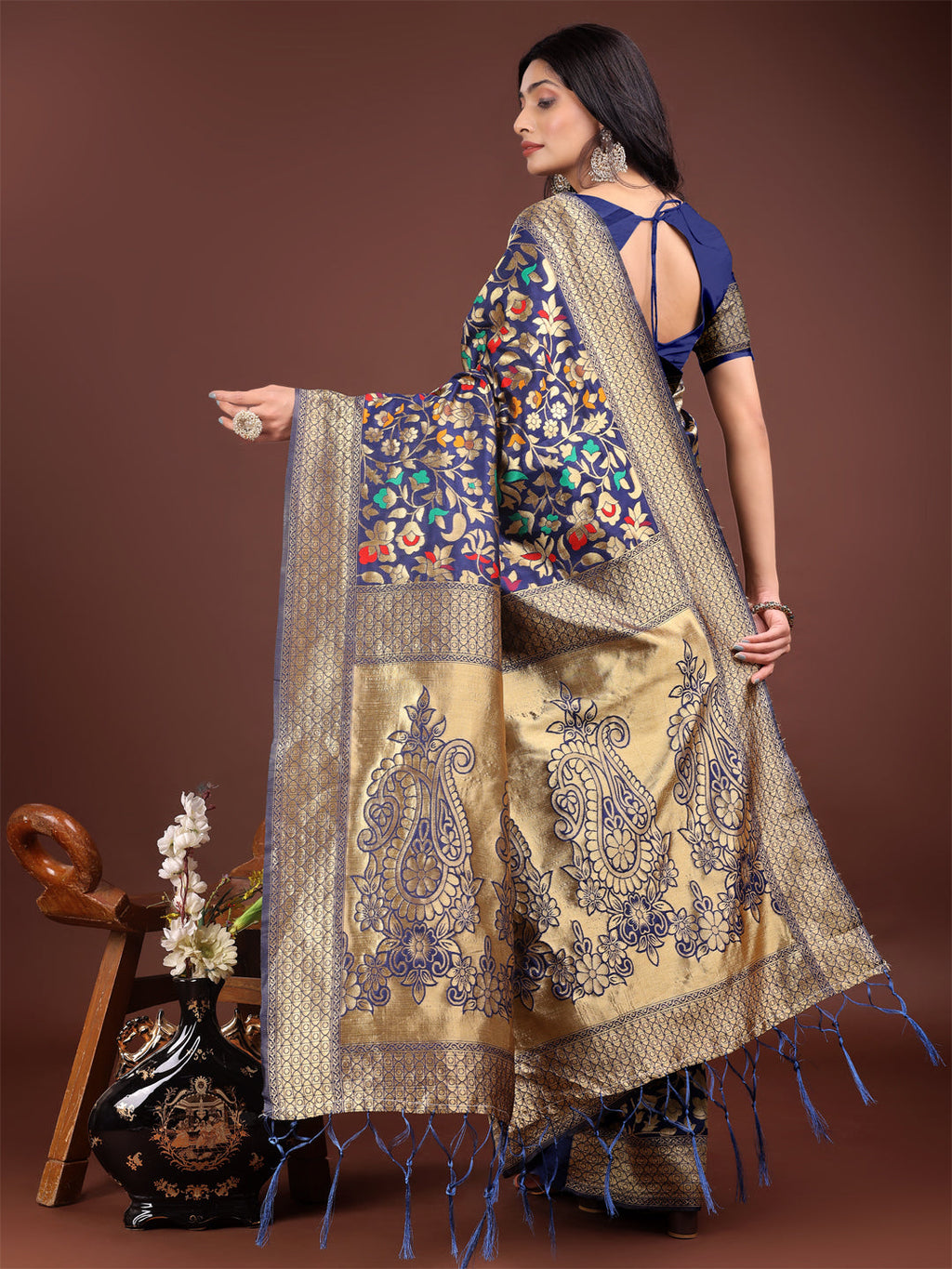 Majestic Navy Blue Silk Saree with Gold Zari Floral Work
