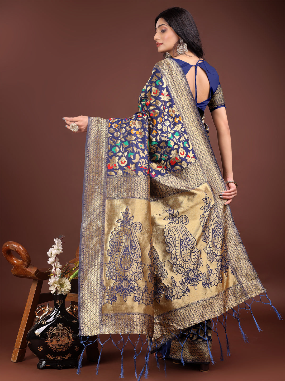 Majestic Navy Blue Silk Saree with Gold Zari Floral Work