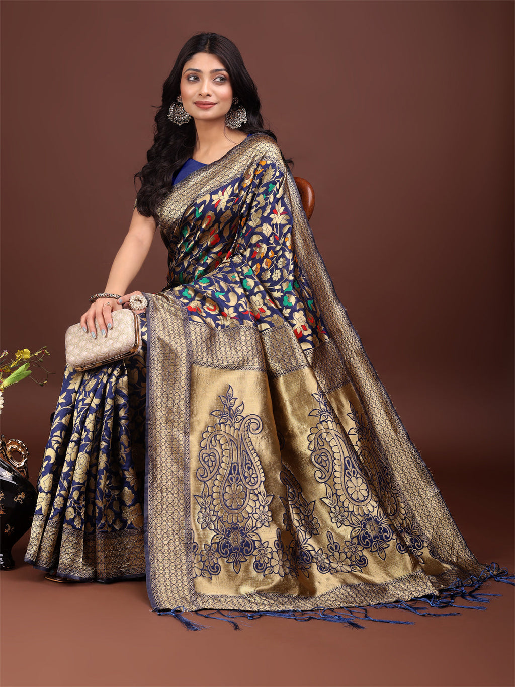 Majestic Navy Blue Silk Saree with Gold Zari Floral Work