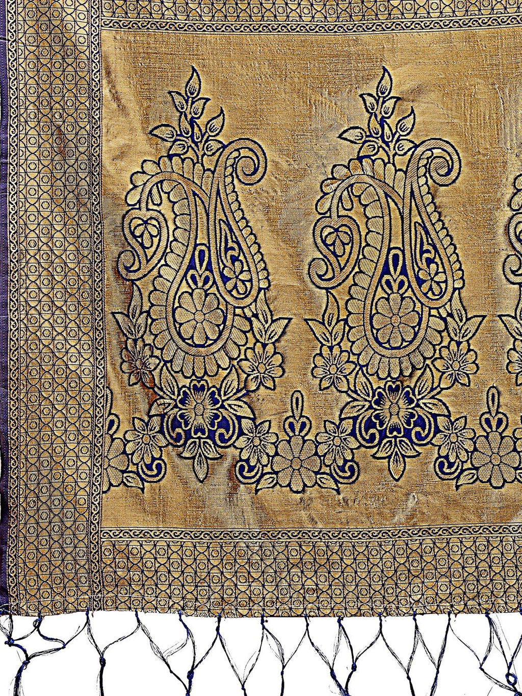 Majestic Navy Blue Silk Saree with Gold Zari Floral Work