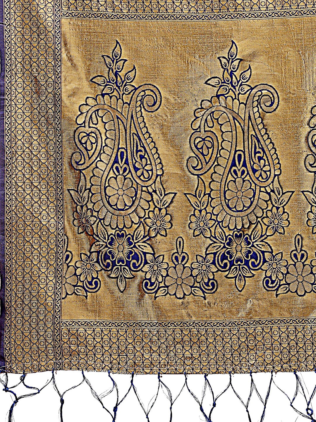 Majestic Navy Blue Silk Saree with Gold Zari Floral Work