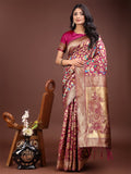Magenta silk saree with gold zari borders and floral embroidery