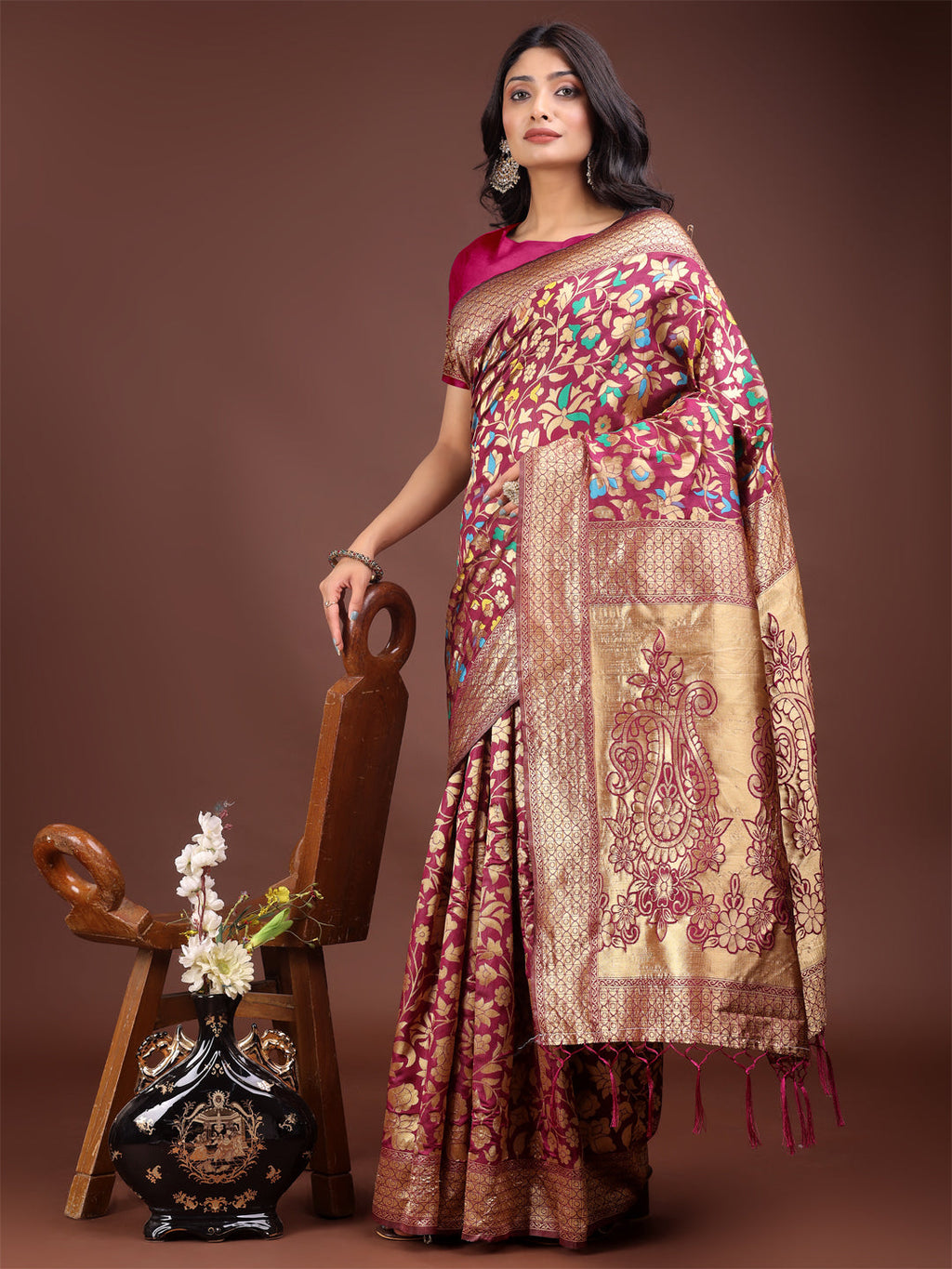 Majestic Magenta Silk Saree with Gold Zari and Floral Design