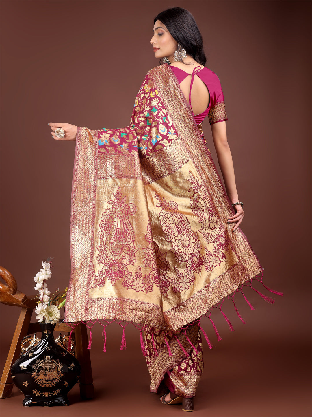 Majestic Magenta Silk Saree with Gold Zari and Floral Design