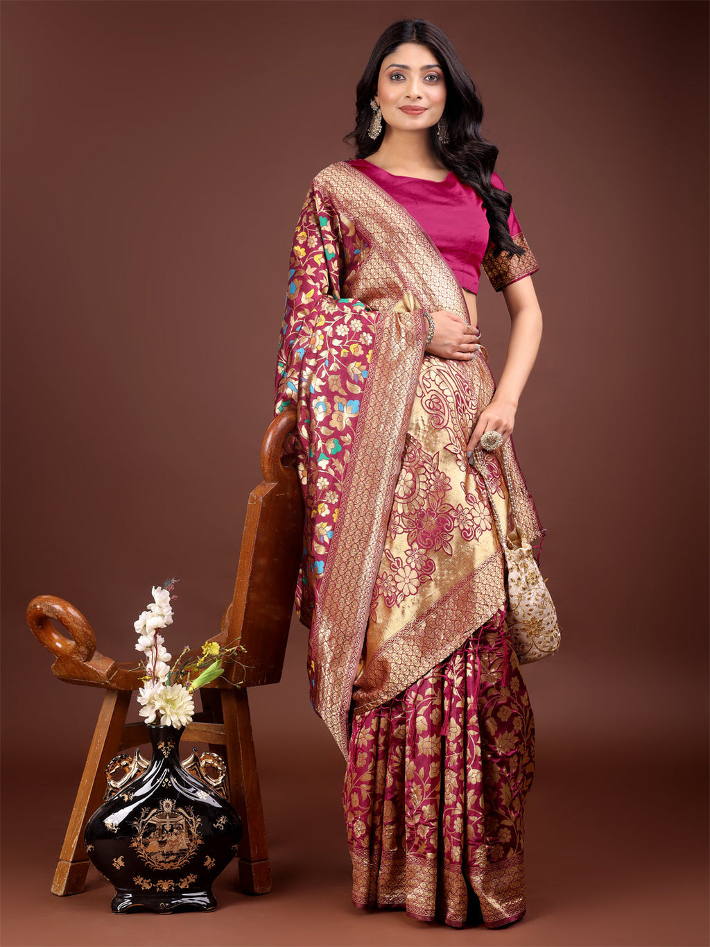 Majestic Magenta Silk Saree with Gold Zari and Floral Design