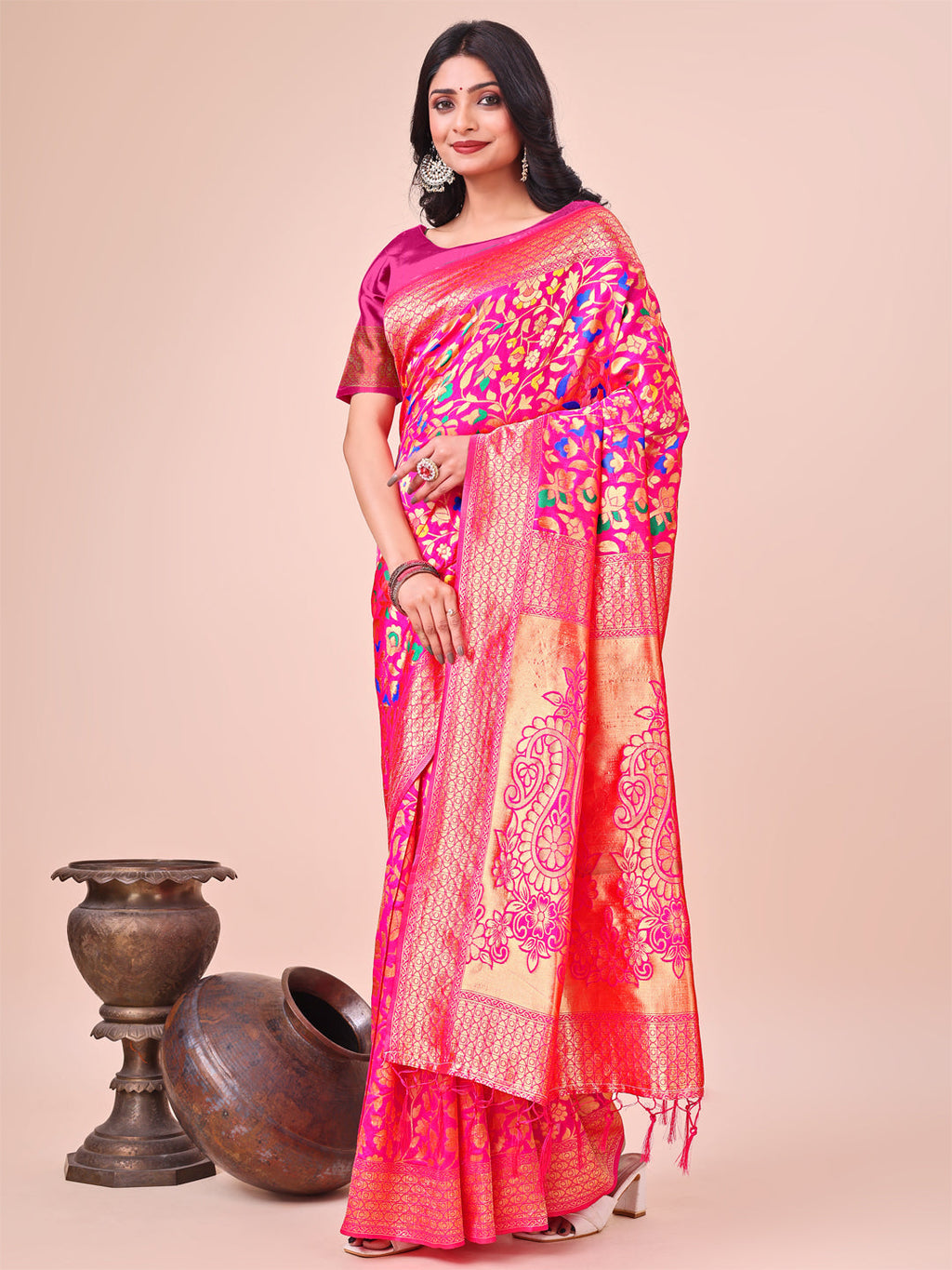Pink Silk Saree with Gold Zari and Floral Design