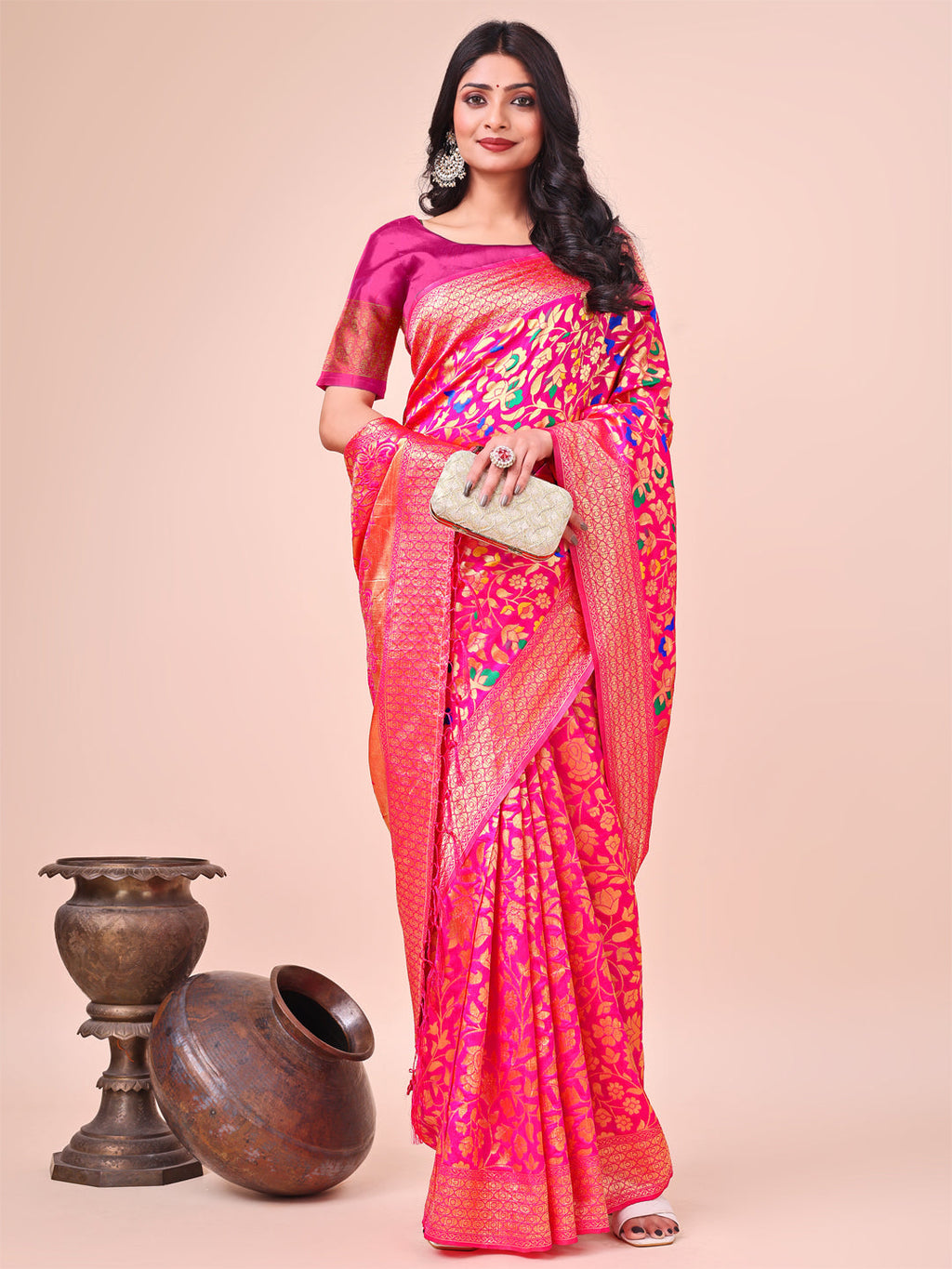 Pink Silk Saree with Gold Zari and Floral Design