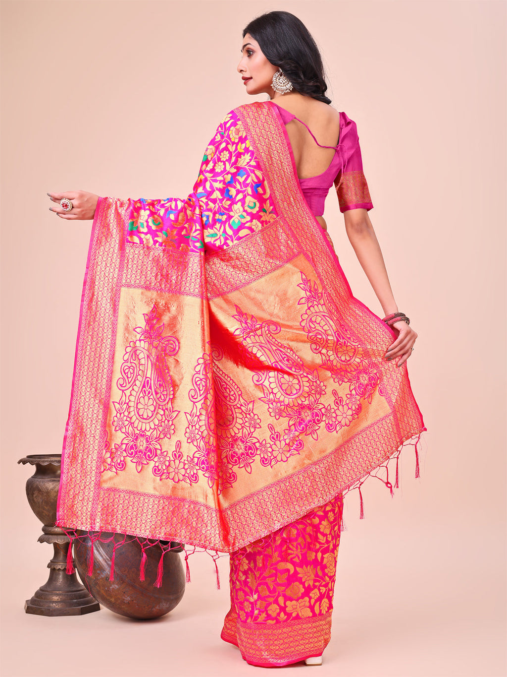 Pink Silk Saree with Gold Zari and Floral Design