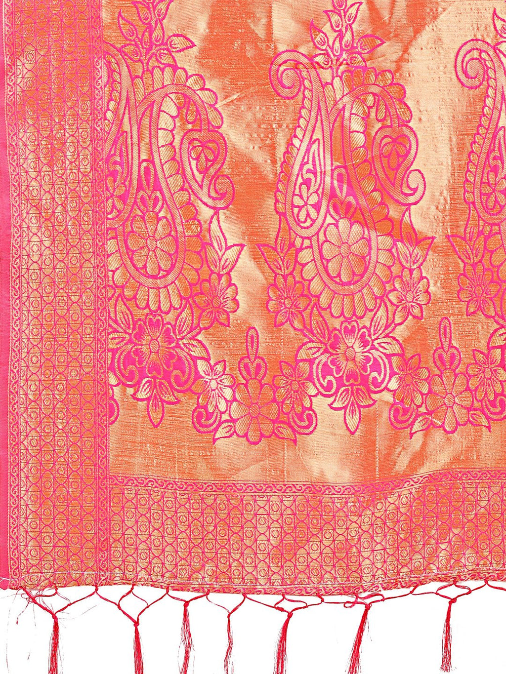 Pink Silk Saree with Gold Zari and Floral Design