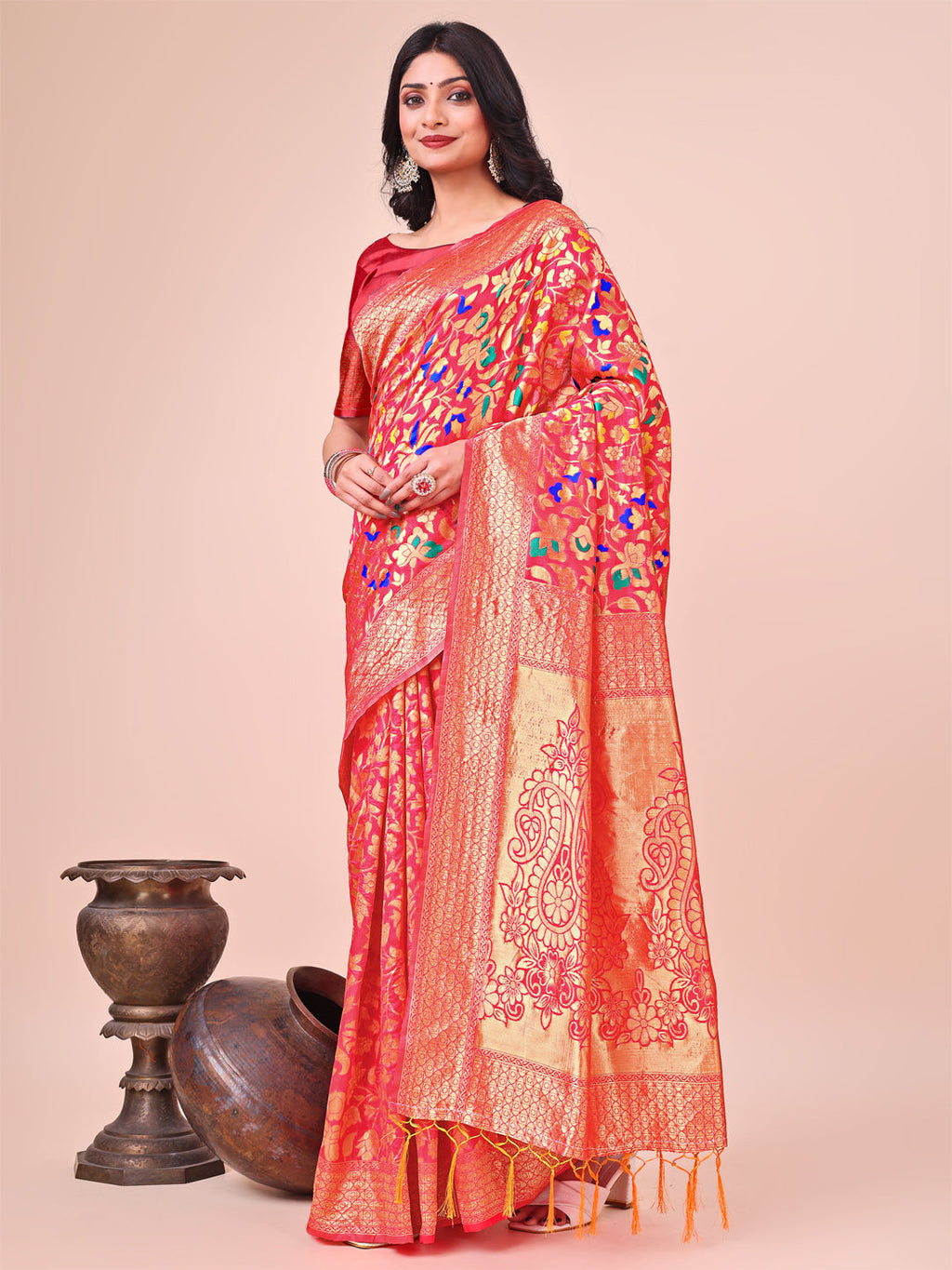 Majestic Maroon Silk Saree with Gold Zari & Floral Design