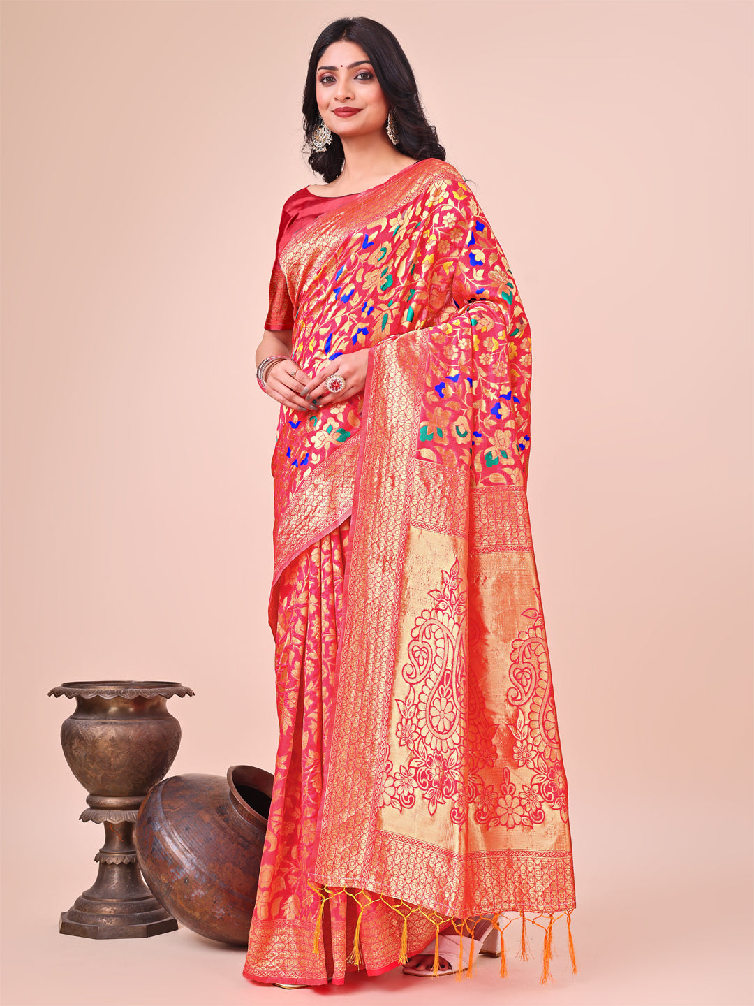 Majestic Maroon Silk Saree with Gold Zari & Floral Design