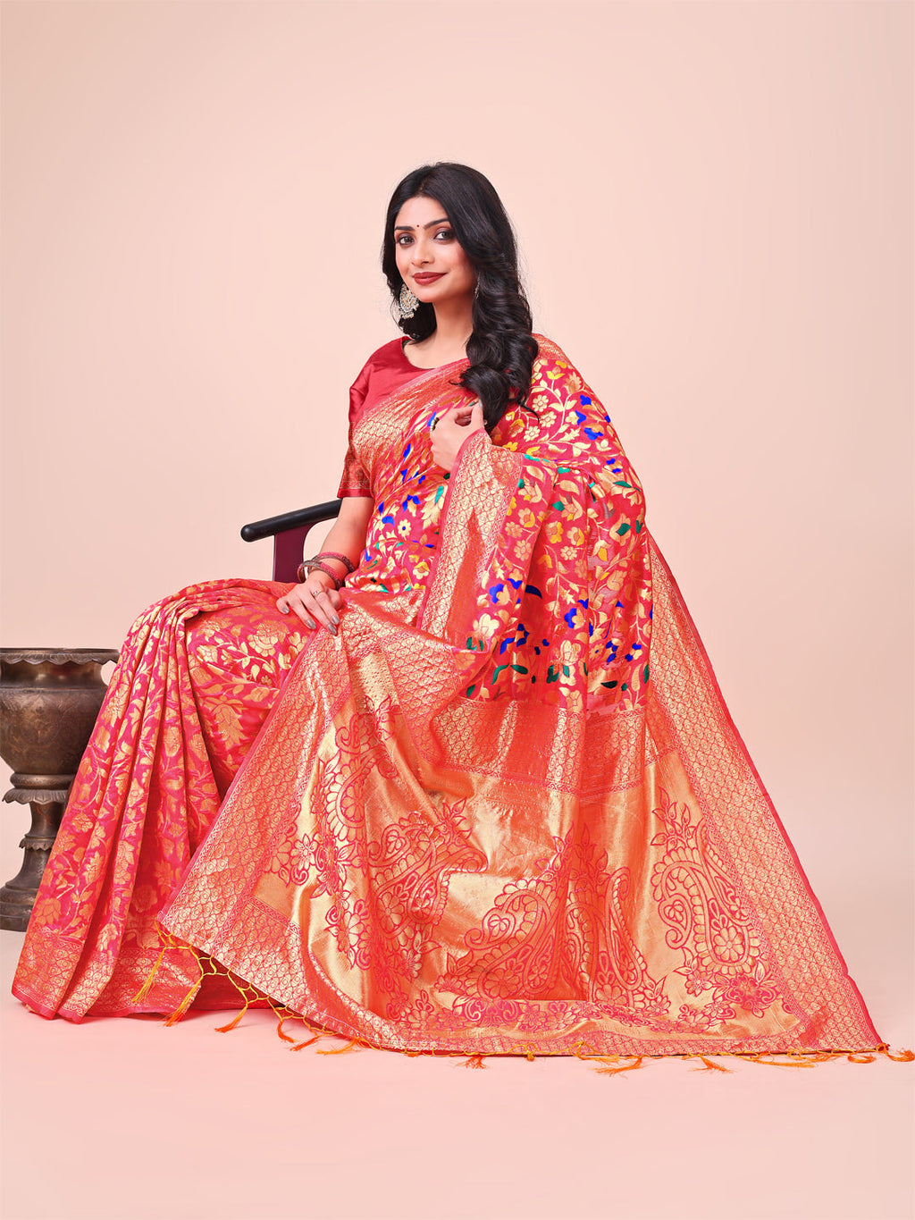 Majestic Maroon Silk Saree with Gold Zari & Floral Design