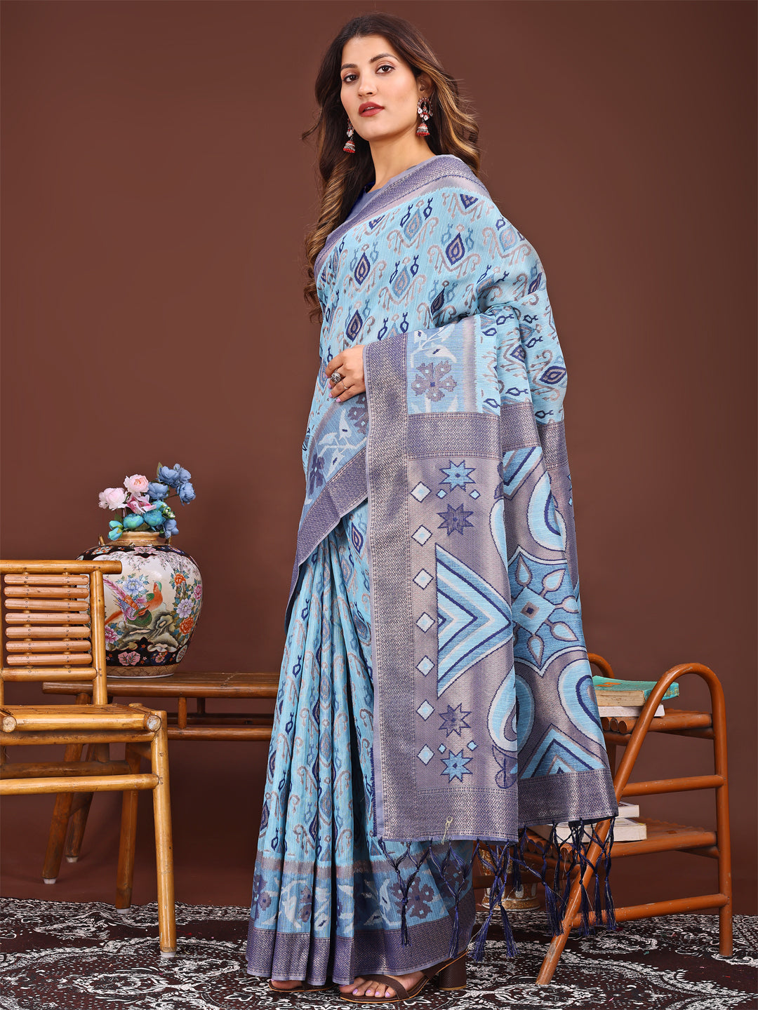 Sky Blue Patola Linen Cotton Saree with Woven Pattern