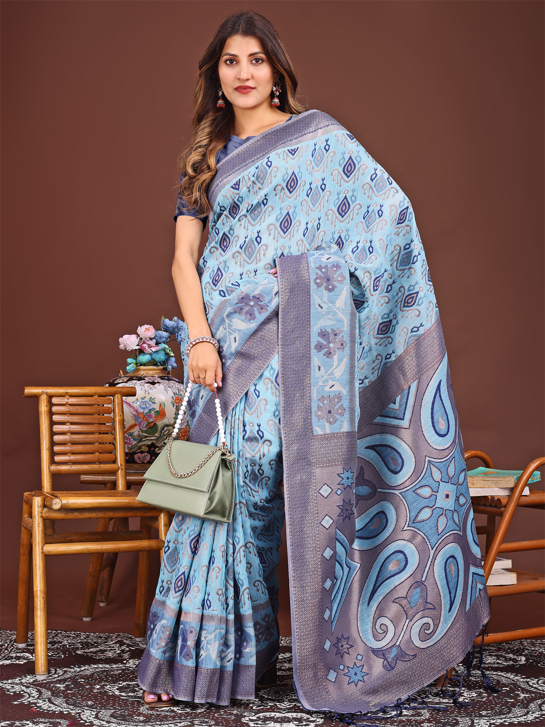 Sky Blue Patola Linen Cotton Saree with Woven Pattern