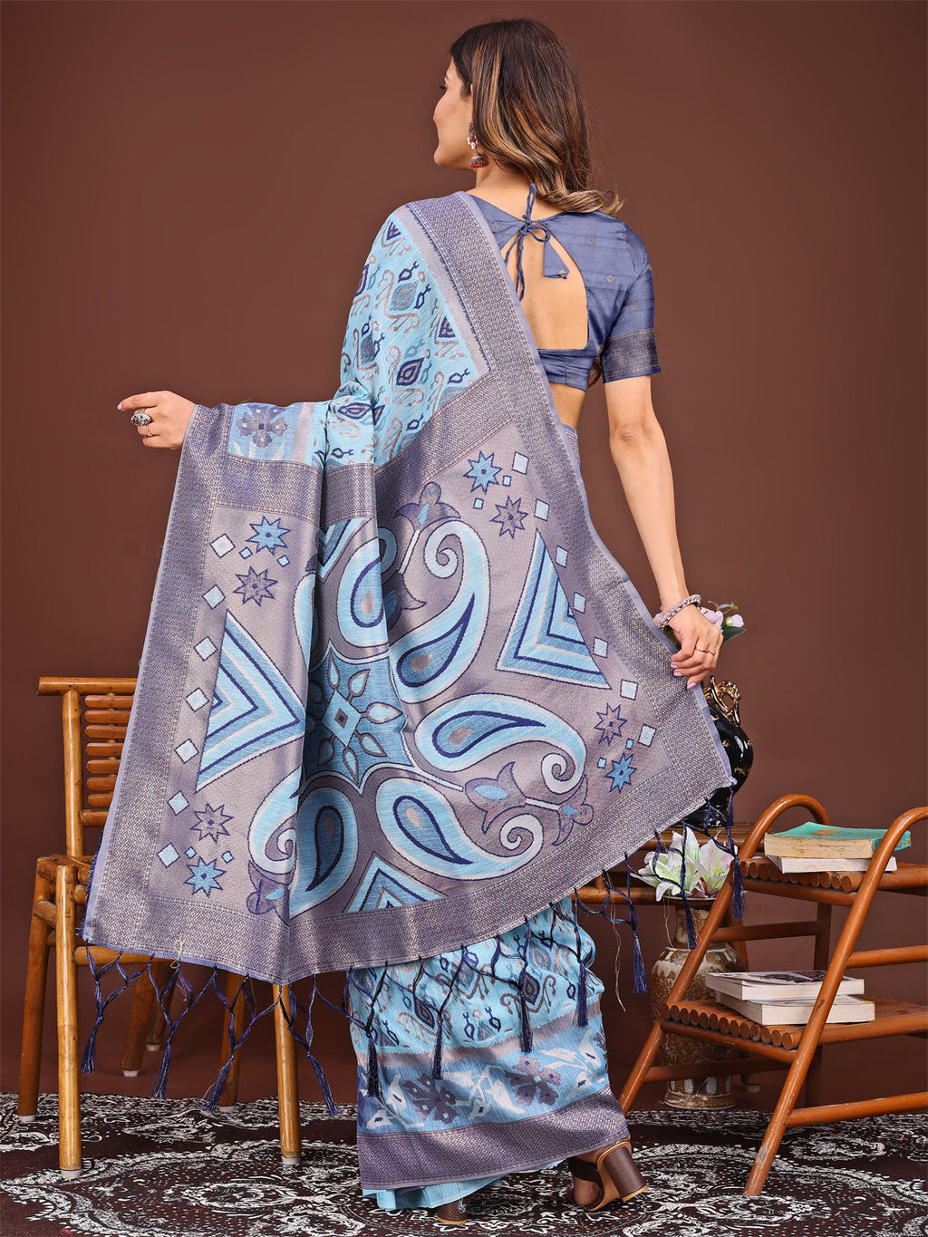 Sky Blue Patola Linen Cotton Saree with Woven Pattern