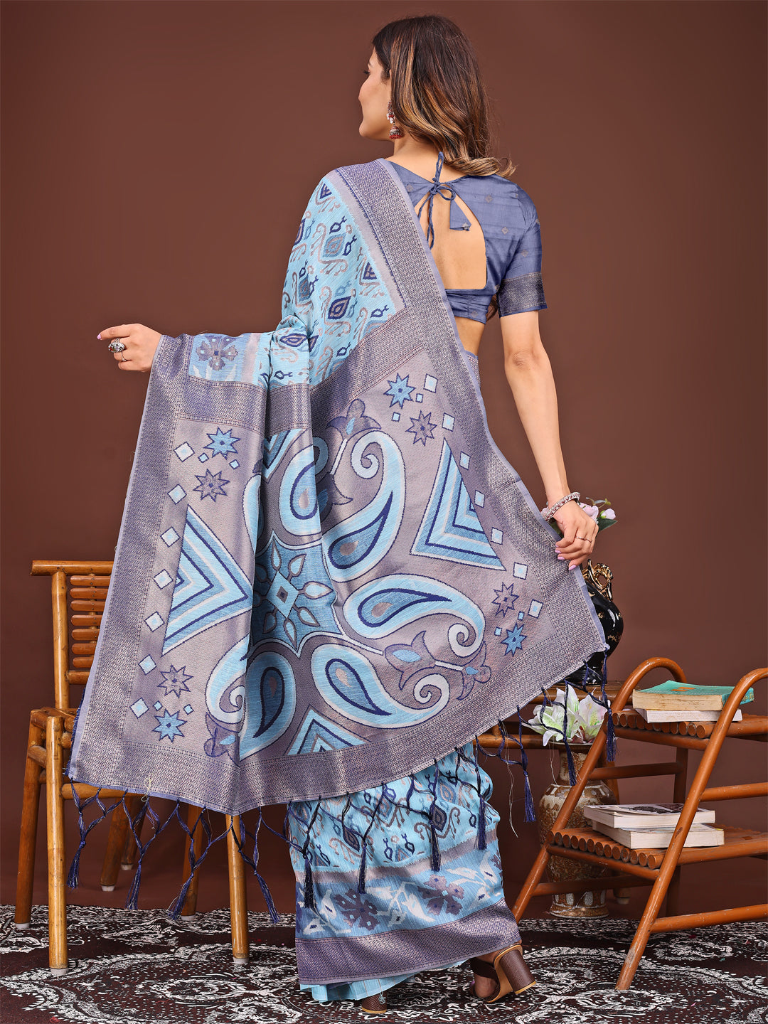 Sky Blue Patola Linen Cotton Saree with Woven Pattern