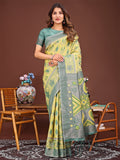 Yellow linen cotton saree with traditional Patola geometric patterns and tassel details