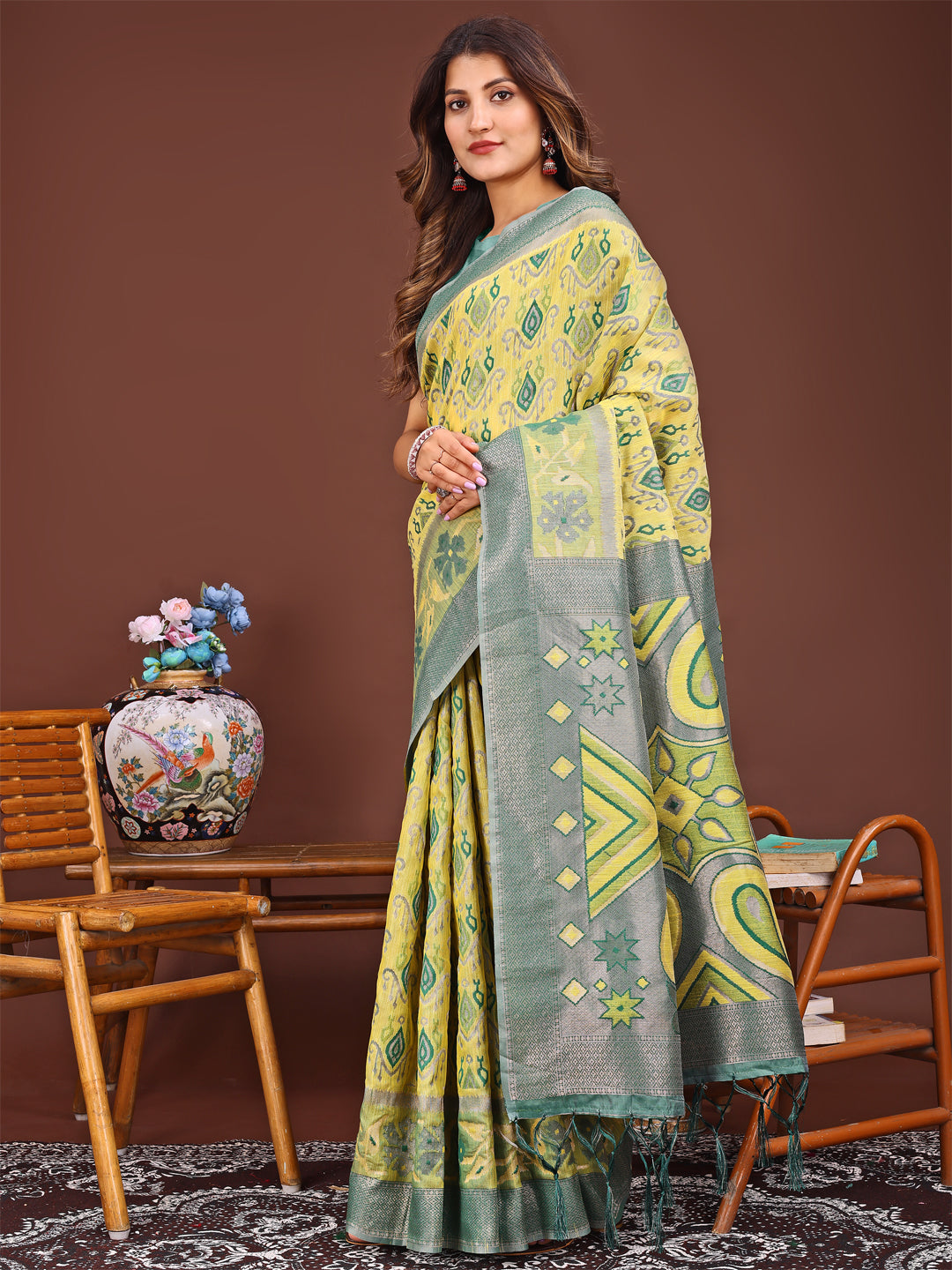 Yellow Patola Linen Cotton Saree with Traditional Geometric Patterns