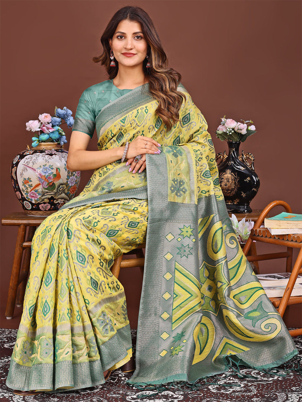 Yellow Patola Linen Cotton Saree with Traditional Geometric Patterns