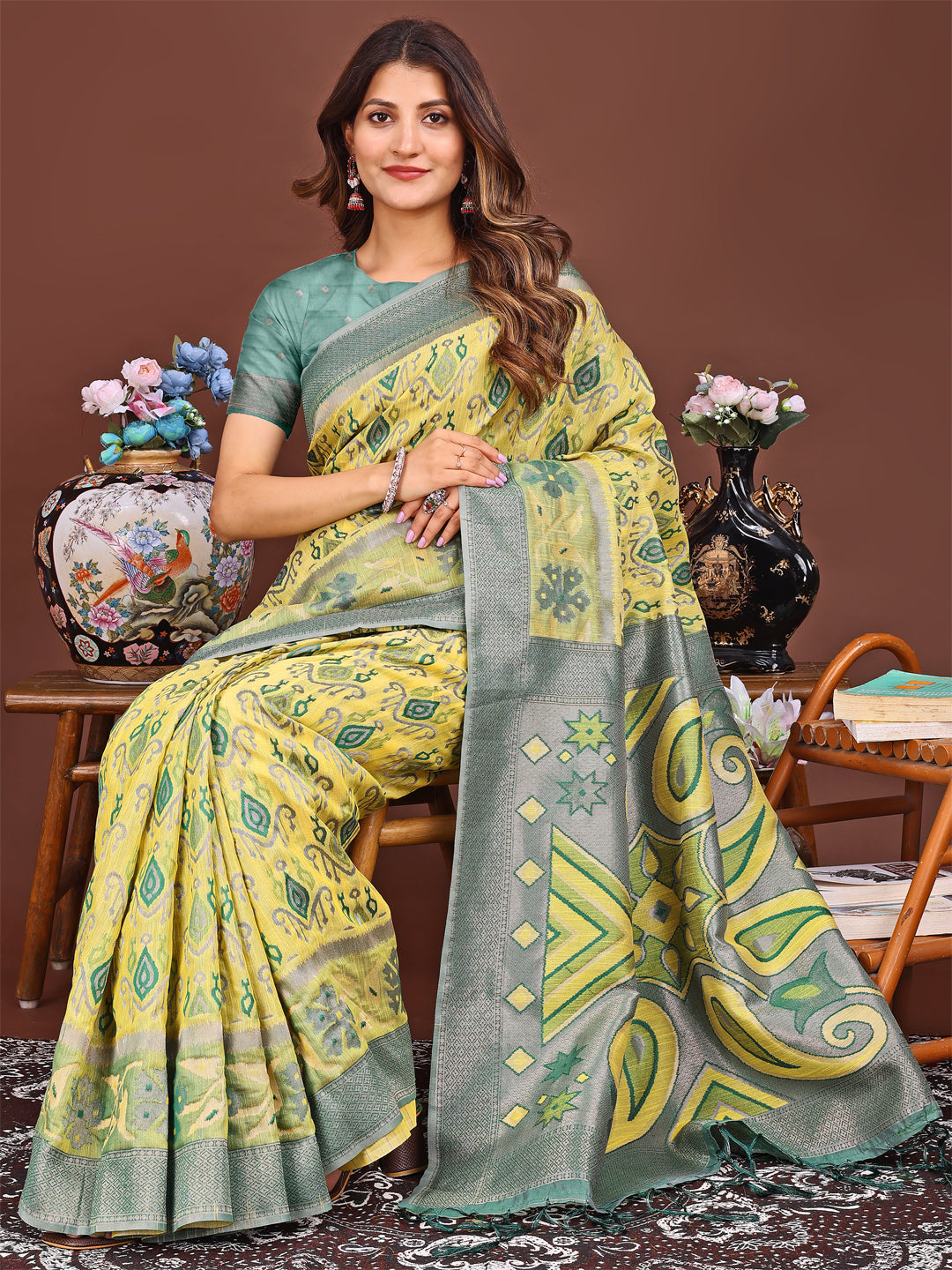 Yellow Patola Linen Cotton Saree with Traditional Geometric Patterns