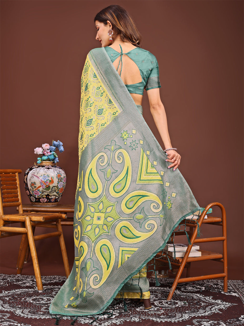 Yellow Patola Linen Cotton Saree with Traditional Geometric Patterns