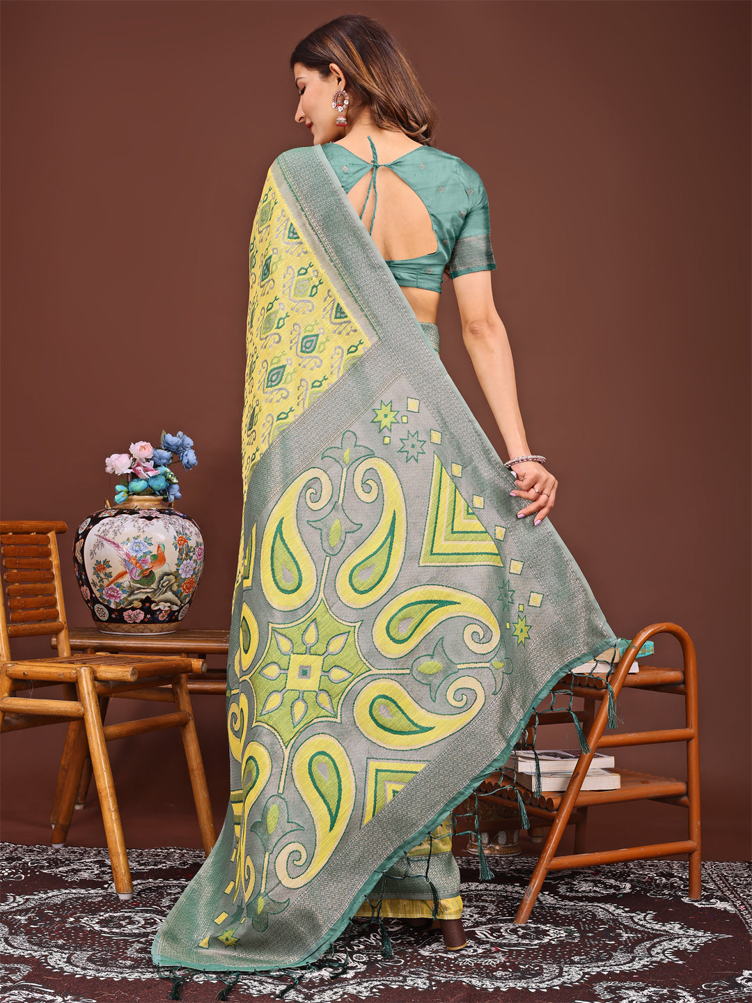 Yellow Patola Linen Cotton Saree with Traditional Geometric Patterns