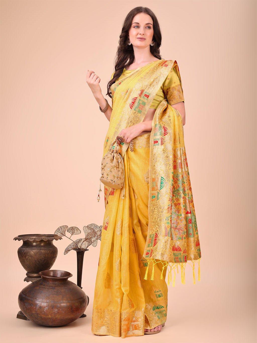 Shree Shyam Fashion Yellow Linen Saree with Multicolor Weaving & Zari Pallu - Elegant & Lightweight for Everyday Grace