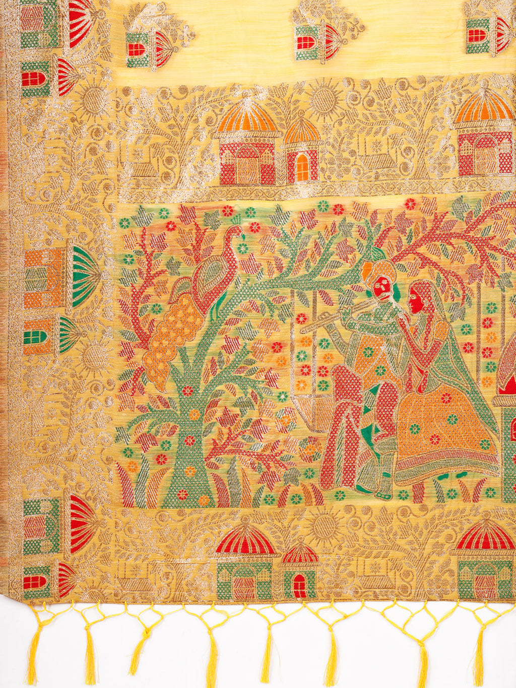 Shree Shyam Fashion Yellow Linen Saree with Multicolor Weaving & Zari Pallu - Elegant & Lightweight for Everyday Grace
