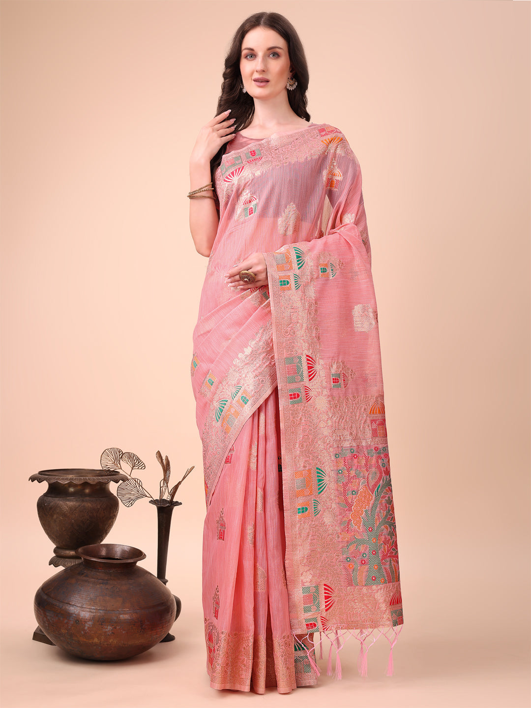 Shree Shyam Fashion Pink Linen Saree with Multicolor Weaving & Zari Pallu - Elegant & Lightweight for Everyday Grace