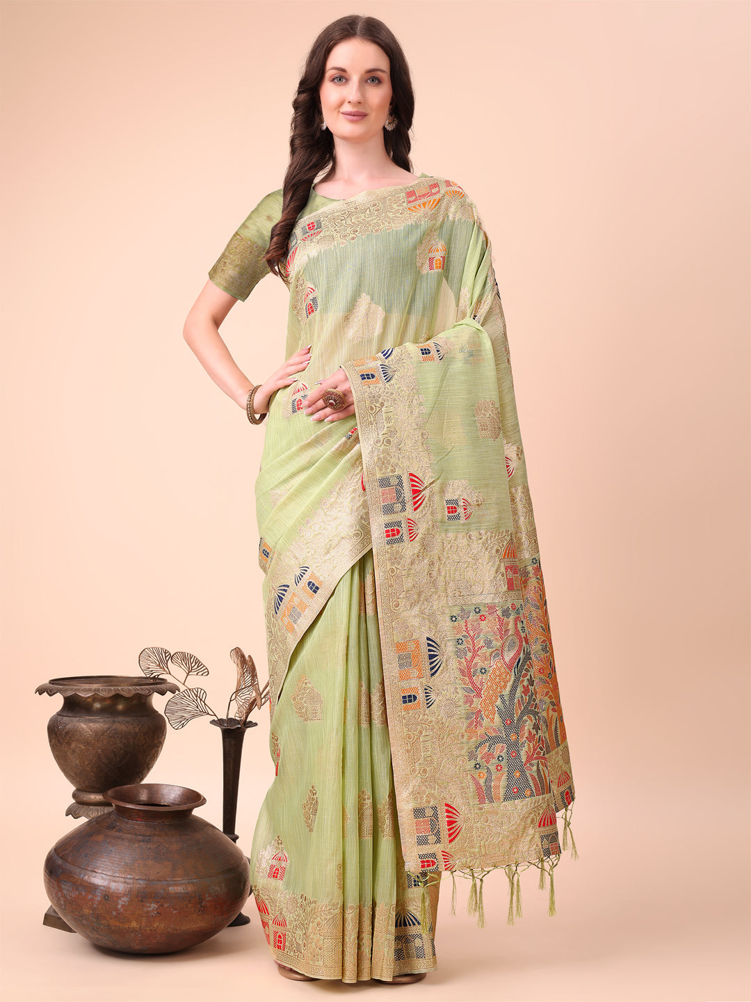 Light Green linen saree with delicate multicolor woven patterns and zari pallu