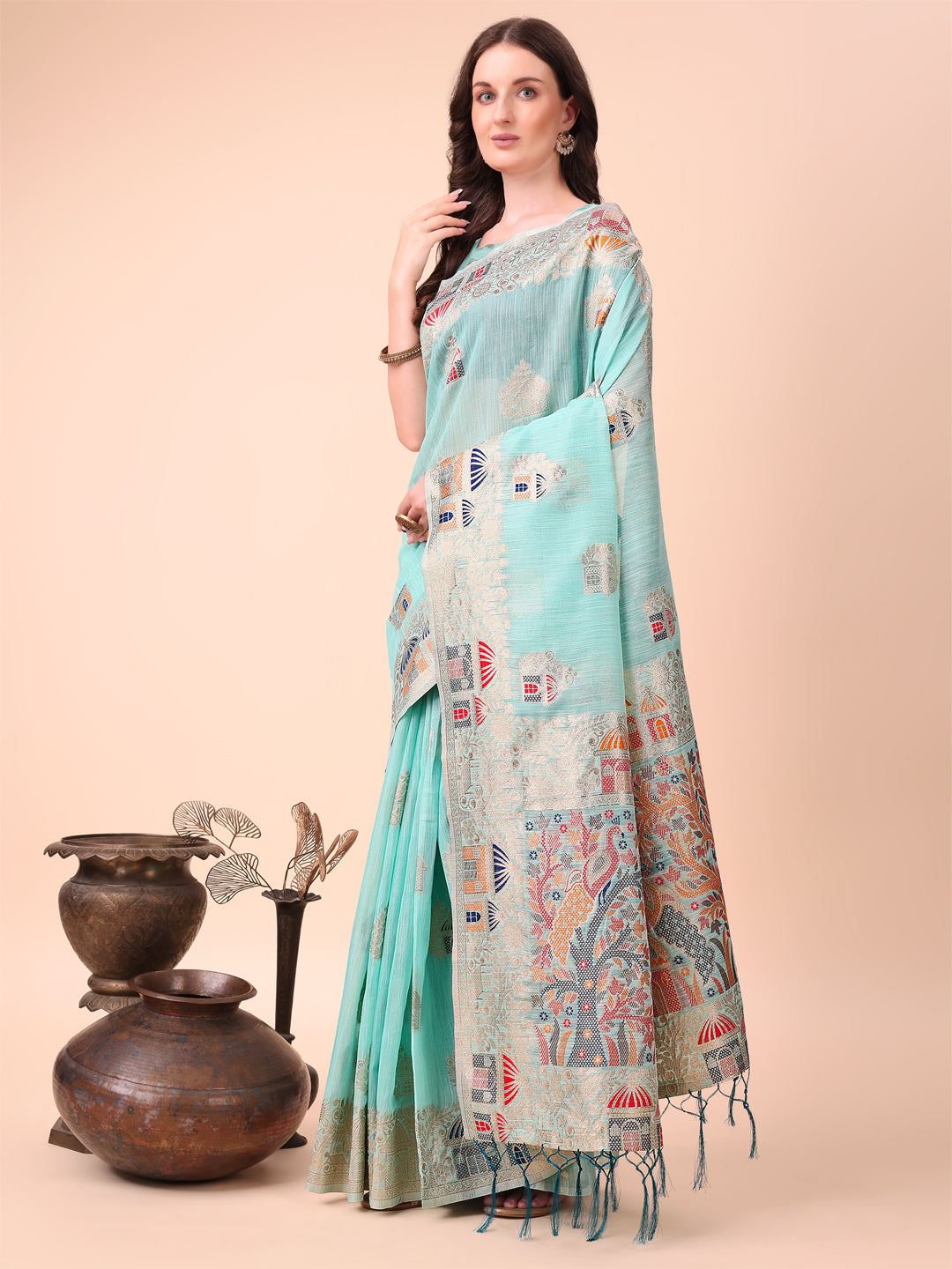 Shree Shyam Fashion Sky Blue Linen Saree with Multicolor Weaving & Zari Pallu - Elegant & Lightweight for Everyday Grace